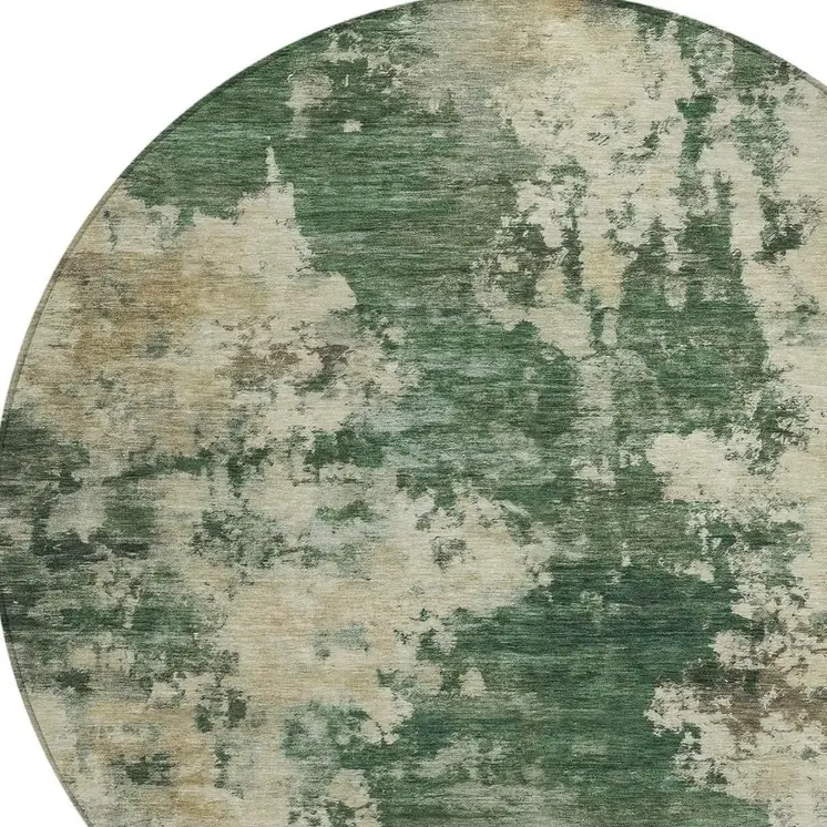 8' Fern Green And Beige Round Abstract Washable Indoor Outdoor Area Rug