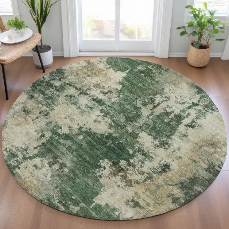 8' Fern Green And Beige Round Abstract Washable Indoor Outdoor Area Rug