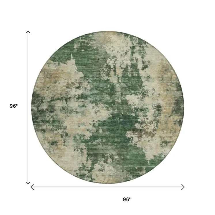 8' Fern Green And Beige Round Abstract Washable Indoor Outdoor Area Rug