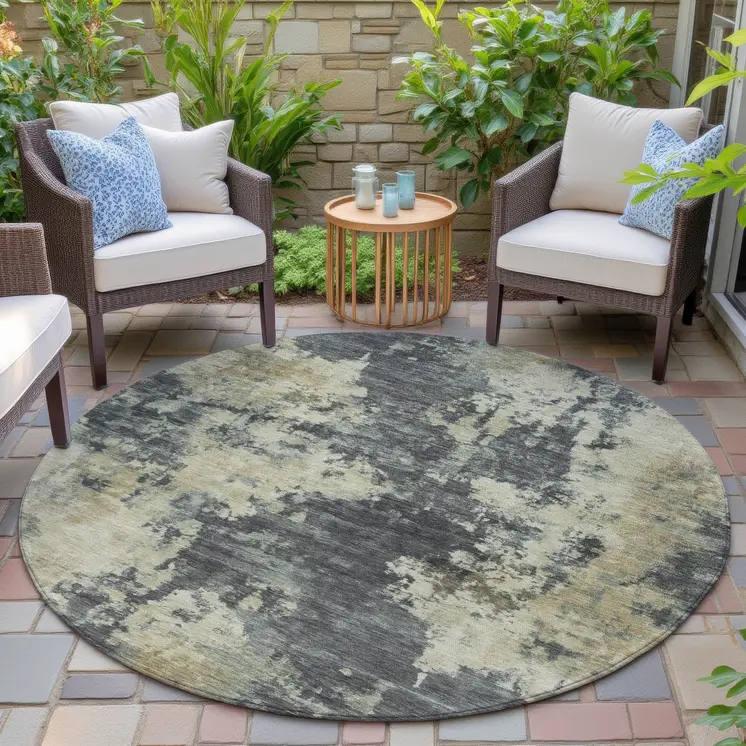 8' Gray And Beige Round Abstract Washable Indoor Outdoor Area Rug