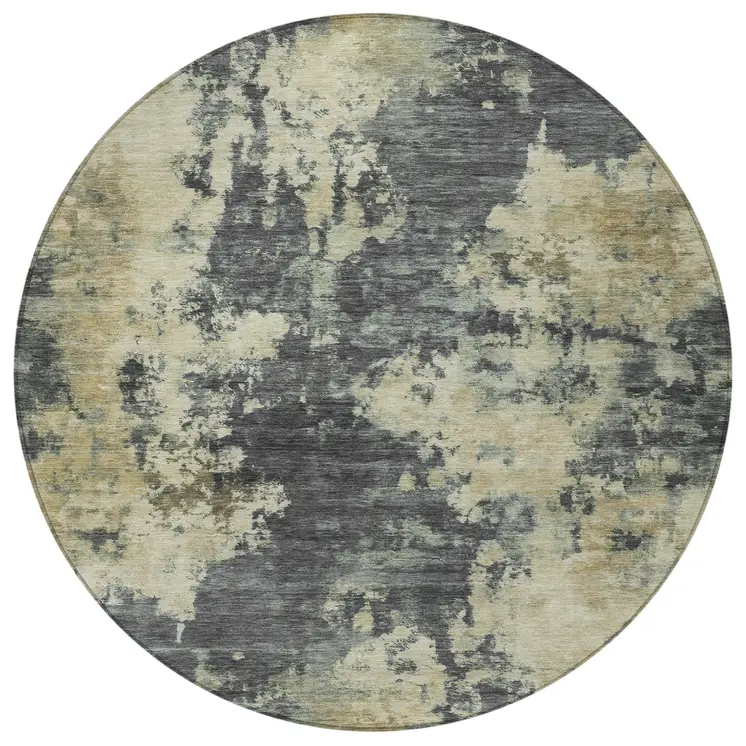 8' Gray And Beige Round Abstract Washable Indoor Outdoor Area Rug