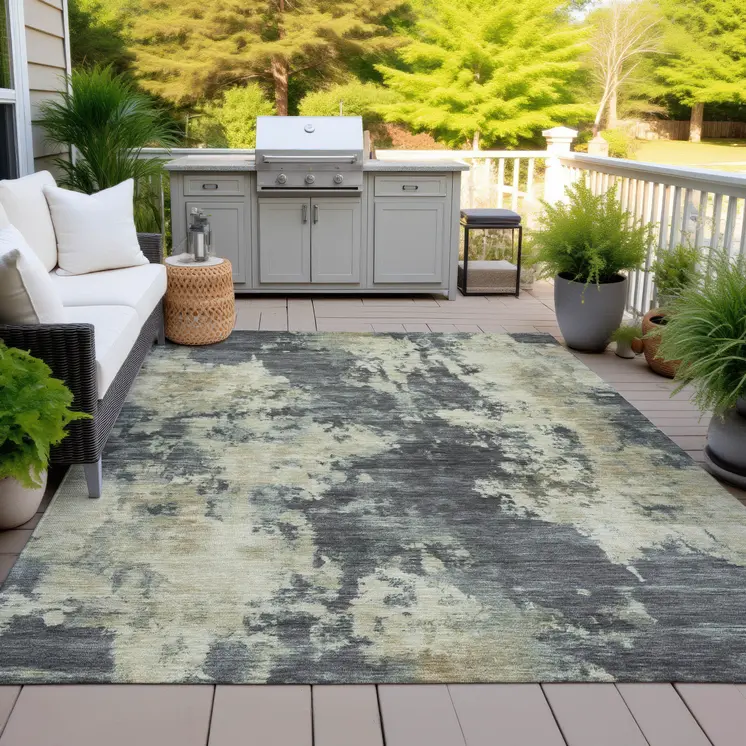 9' X 12' Gray And Beige Abstract Washable Indoor Outdoor Area Rug