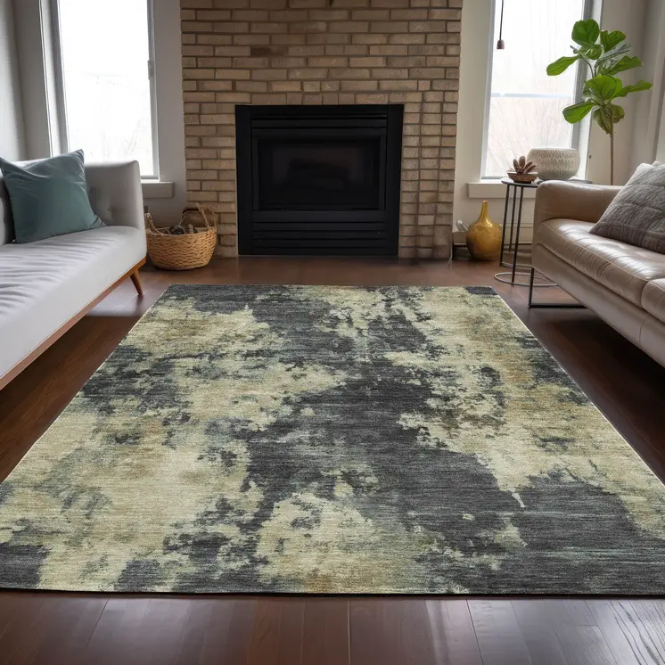 9' X 12' Gray And Beige Abstract Washable Indoor Outdoor Area Rug