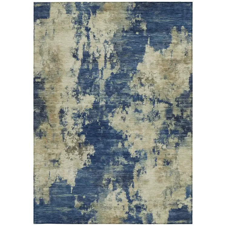 3' X 5' Navy Blue And Beige Abstract Washable Indoor Outdoor Area Rug