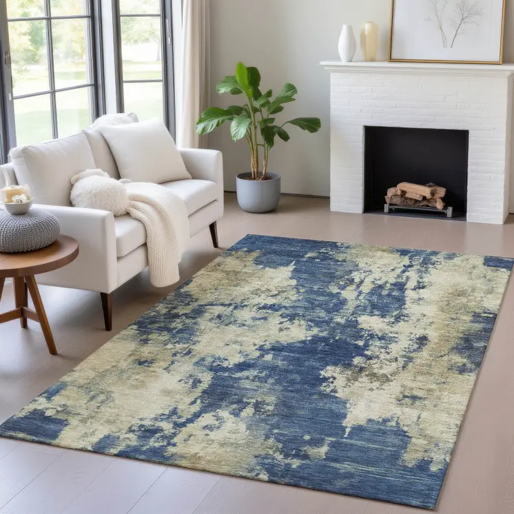3' X 5' Navy Blue And Beige Abstract Washable Indoor Outdoor Area Rug