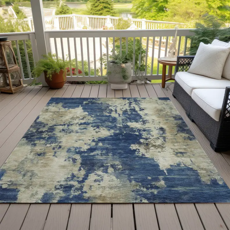 3' X 5' Navy Blue And Beige Abstract Washable Indoor Outdoor Area Rug