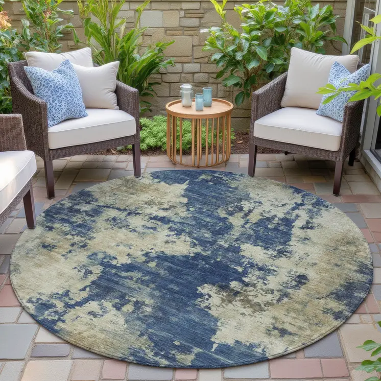 8' Navy Blue And Beige Round Abstract Washable Indoor Outdoor Area Rug