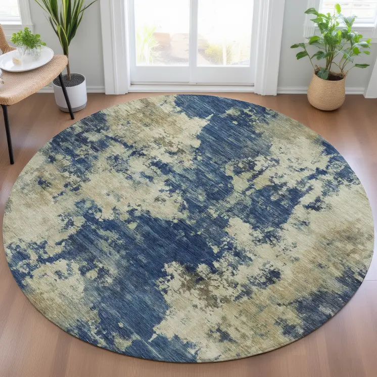 8' Navy Blue And Beige Round Abstract Washable Indoor Outdoor Area Rug
