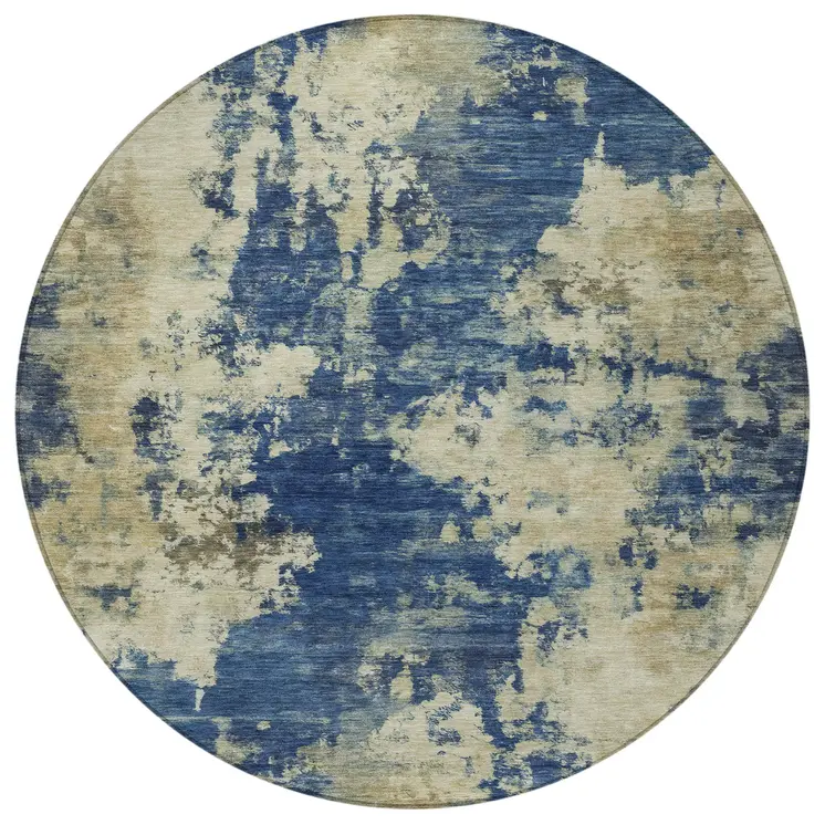 8' Navy Blue And Beige Round Abstract Washable Indoor Outdoor Area Rug
