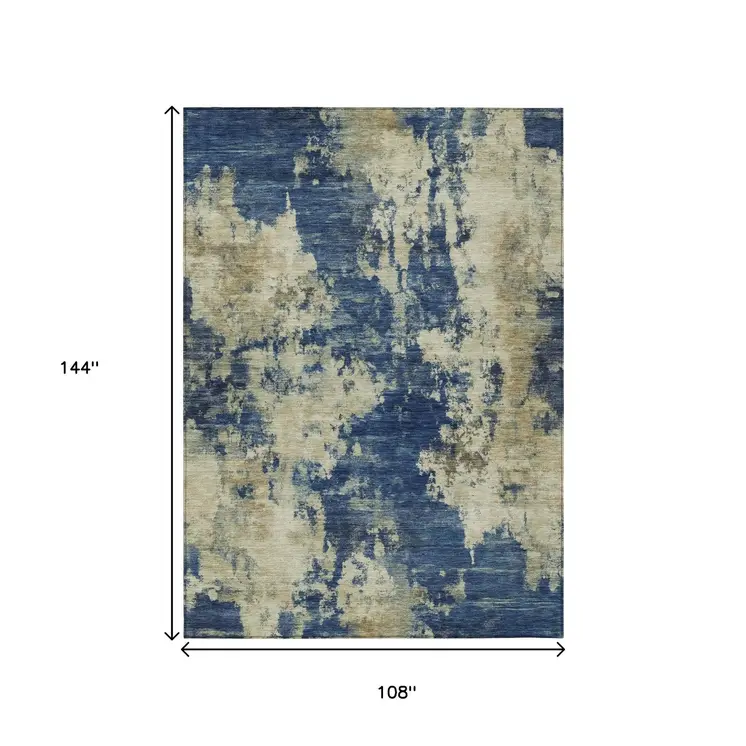 9' X 12' Navy Blue And Beige Abstract Washable Indoor Outdoor Area Rug