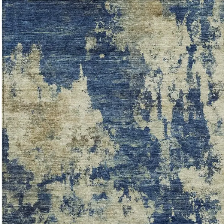 10' X 14' Navy Blue And Beige Abstract Washable Indoor Outdoor Area Rug
