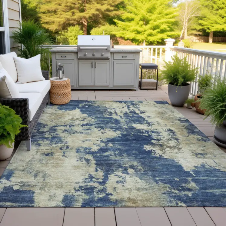 10' X 14' Navy Blue And Beige Abstract Washable Indoor Outdoor Area Rug