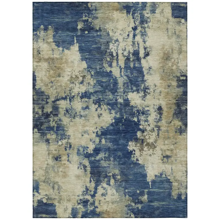 10' X 14' Navy Blue And Beige Abstract Washable Indoor Outdoor Area Rug