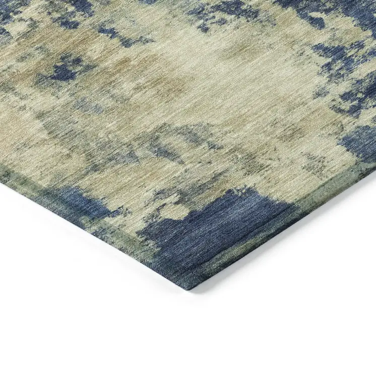 10' X 14' Navy Blue And Beige Abstract Washable Indoor Outdoor Area Rug