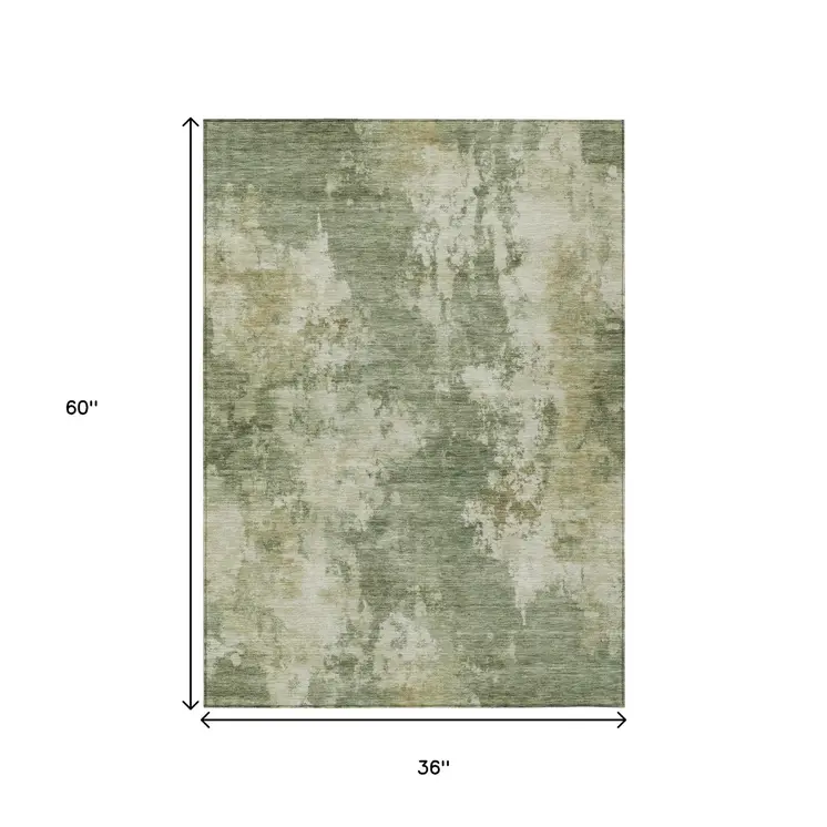 3' X 5' Sage And Beige Abstract Washable Indoor Outdoor Area Rug