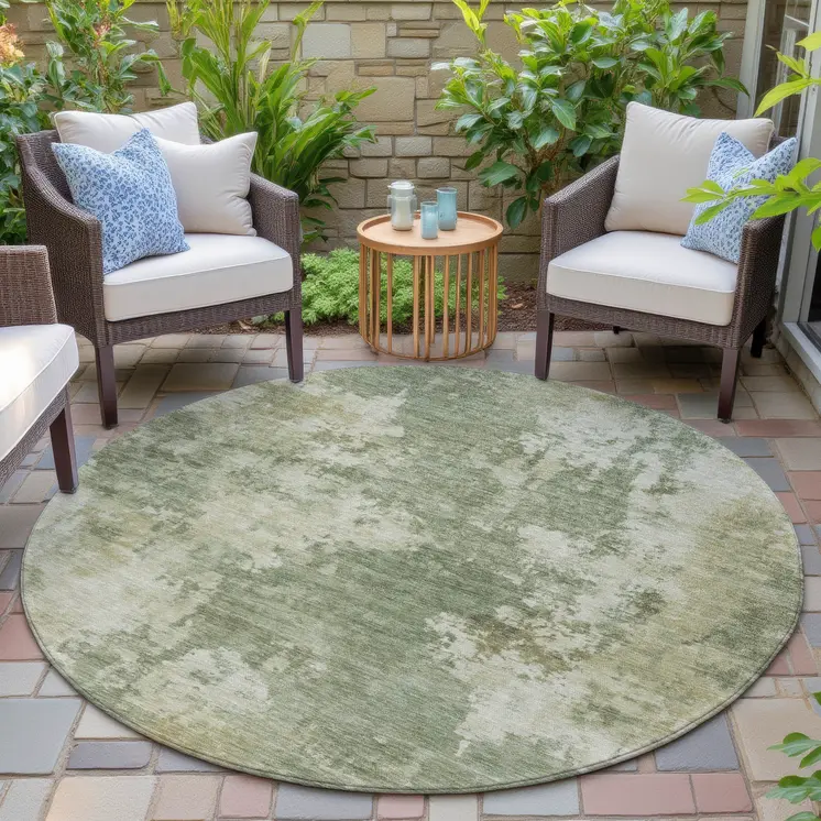 8' Sage And Beige Round Abstract Washable Indoor Outdoor Area Rug