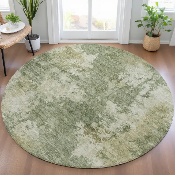 8' Sage And Beige Round Abstract Washable Indoor Outdoor Area Rug