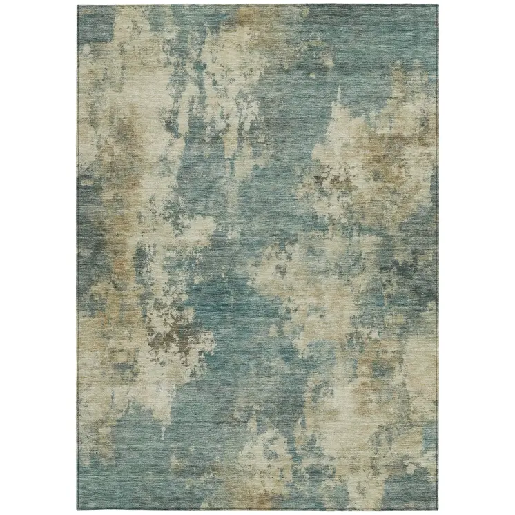 3' X 5' Teal Blue And Beige Abstract Washable Indoor Outdoor Area Rug