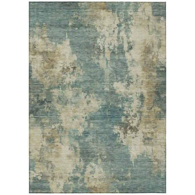 3' X 5' Teal Blue And Beige Abstract Washable Indoor Outdoor Area Rug