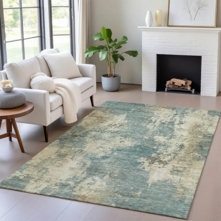3' X 5' Teal Blue And Beige Abstract Washable Indoor Outdoor Area Rug