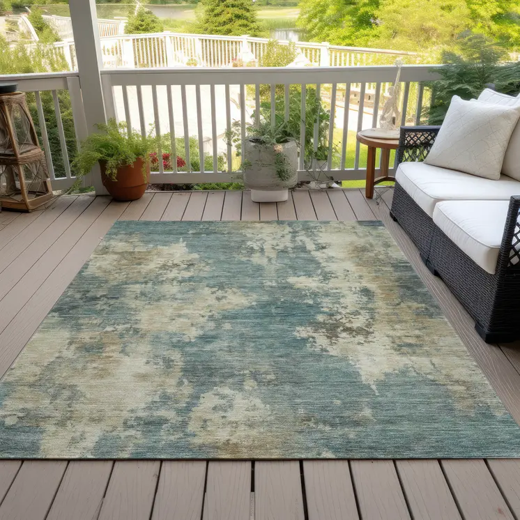 3' X 5' Teal Blue And Beige Abstract Washable Indoor Outdoor Area Rug