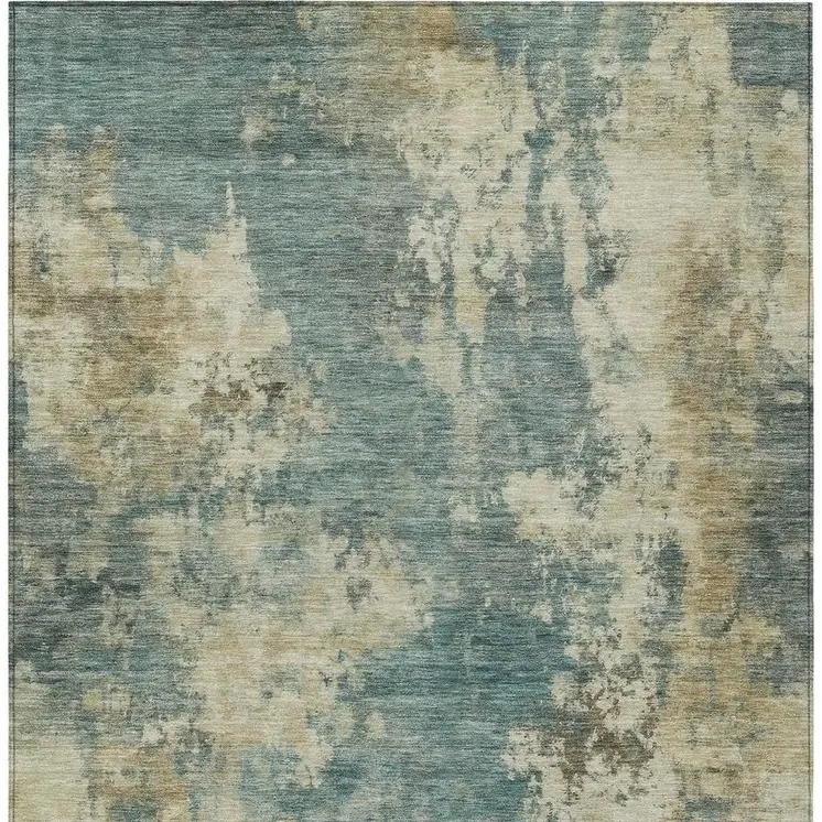 5' X 8' Teal Blue And Beige Abstract Washable Indoor Outdoor Area Rug
