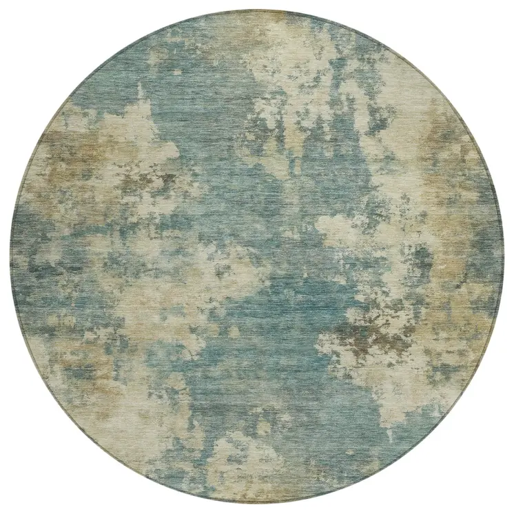 8' Teal Blue And Beige Round Abstract Washable Indoor Outdoor Area Rug
