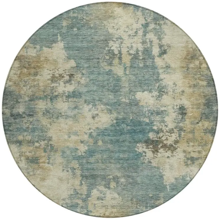 8' Teal Blue And Beige Round Abstract Washable Indoor Outdoor Area Rug