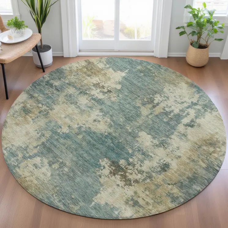 8' Teal Blue And Beige Round Abstract Washable Indoor Outdoor Area Rug