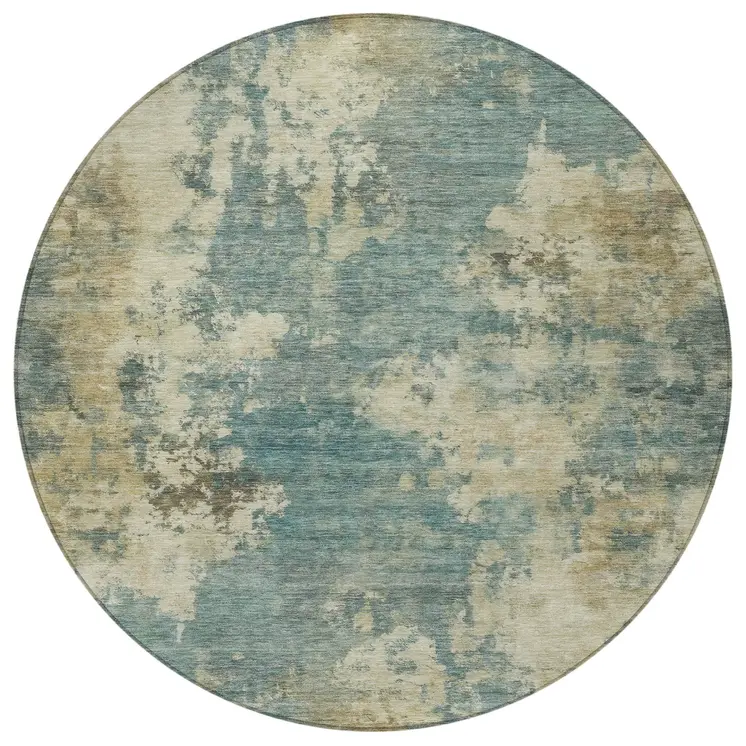 8' Teal Blue And Beige Round Abstract Washable Indoor Outdoor Area Rug