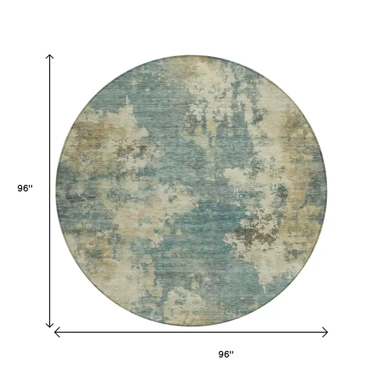 8' Teal Blue And Beige Round Abstract Washable Indoor Outdoor Area Rug