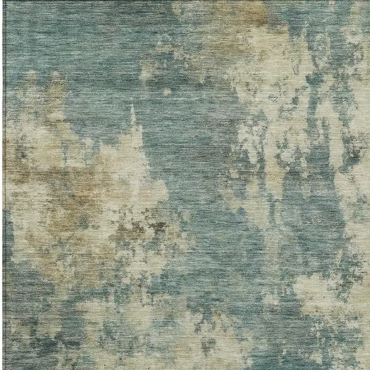 9' X 12' Teal Blue And Beige Abstract Washable Indoor Outdoor Area Rug
