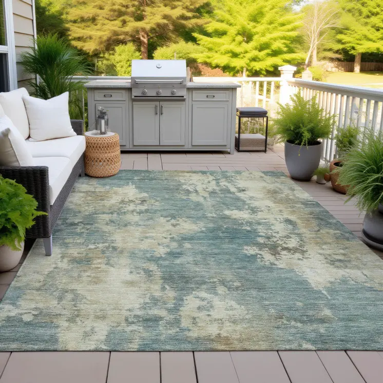 9' X 12' Teal Blue And Beige Abstract Washable Indoor Outdoor Area Rug