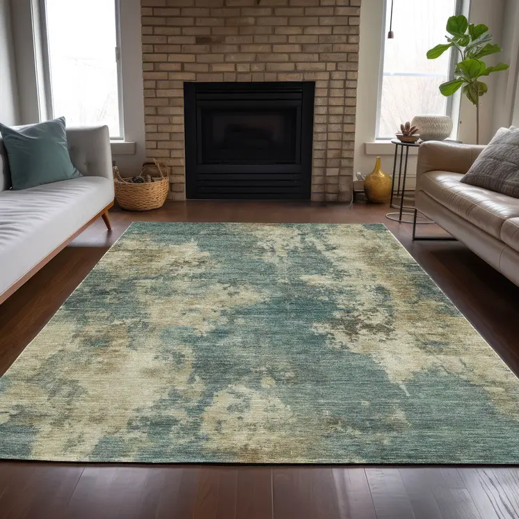 9' X 12' Teal Blue And Beige Abstract Washable Indoor Outdoor Area Rug