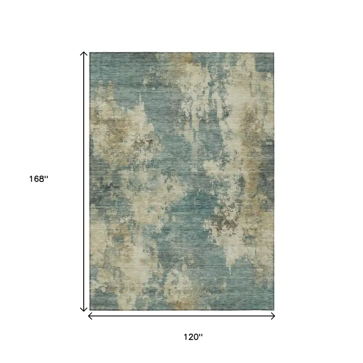10' X 14' Teal Blue And Beige Abstract Washable Indoor Outdoor Area Rug