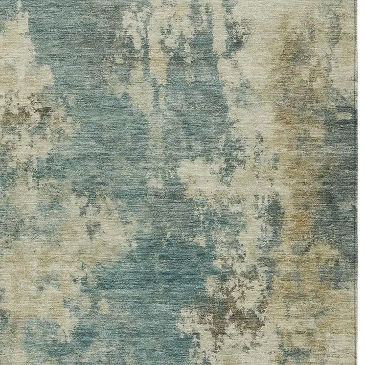 10' X 14' Teal Blue And Beige Abstract Washable Indoor Outdoor Area Rug