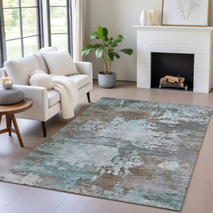 3' X 5' Brown And Blue Abstract Washable Indoor Outdoor Area Rug
