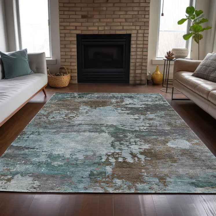 3' X 5' Brown And Blue Abstract Washable Indoor Outdoor Area Rug
