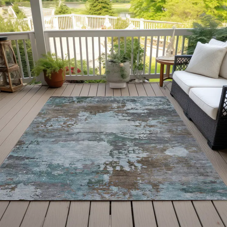 5' X 8' Brown And Blue Abstract Washable Indoor Outdoor Area Rug