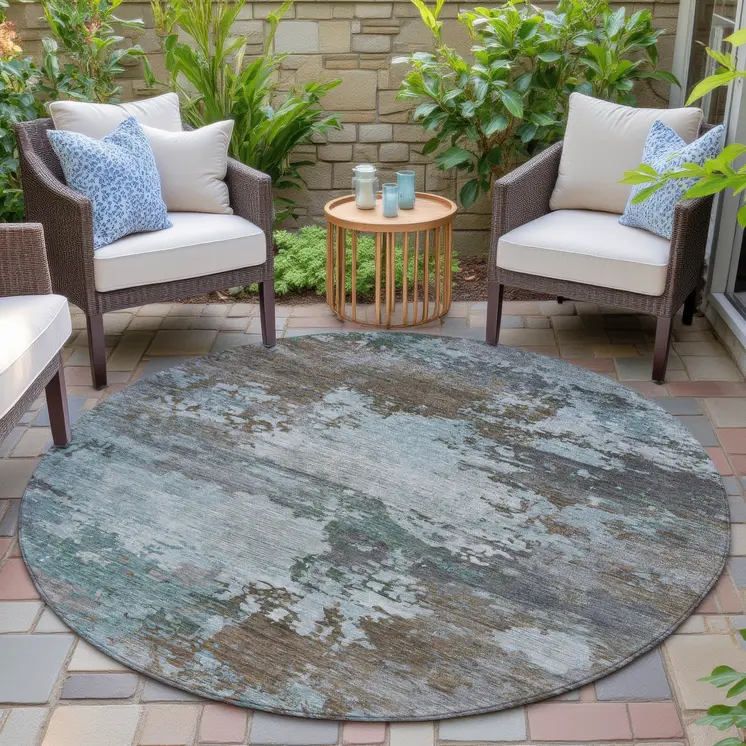 8' Brown And Blue Round Abstract Washable Indoor Outdoor Area Rug