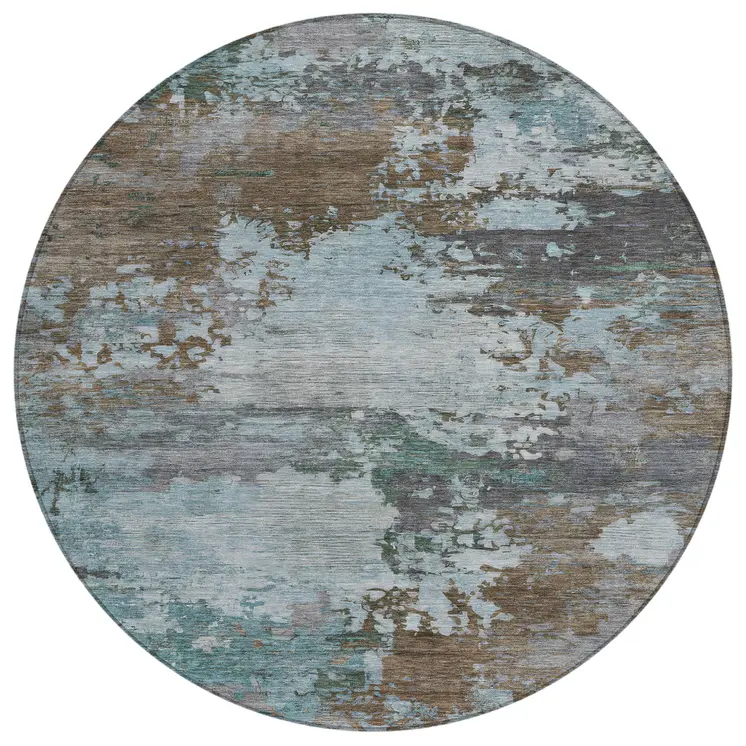 8' Brown And Blue Round Abstract Washable Indoor Outdoor Area Rug