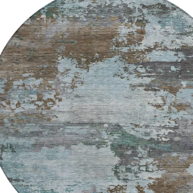 8' Brown And Blue Round Abstract Washable Indoor Outdoor Area Rug