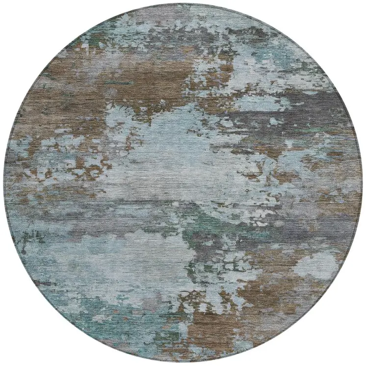 8' Brown And Blue Round Abstract Washable Indoor Outdoor Area Rug