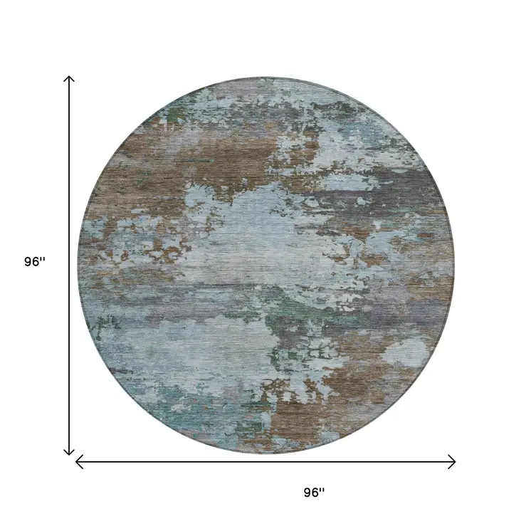 8' Brown And Blue Round Abstract Washable Indoor Outdoor Area Rug