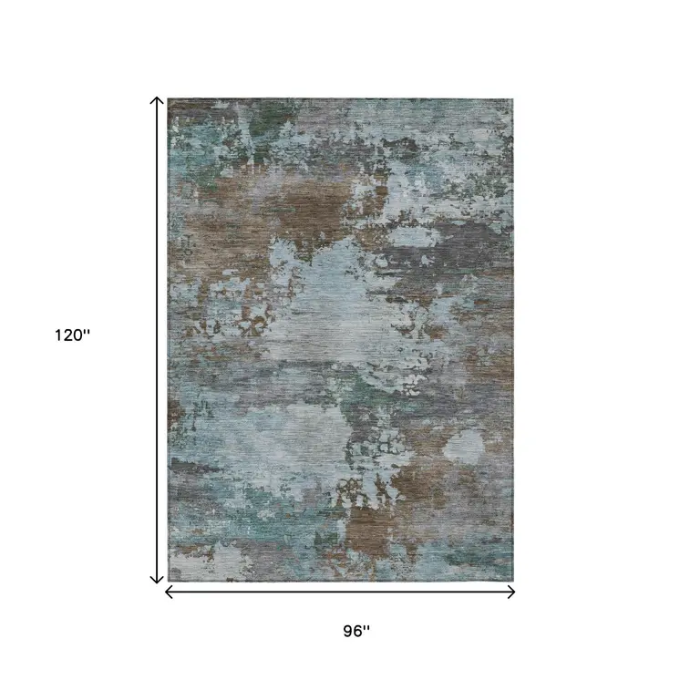8' X 10' Brown And Blue Abstract Washable Indoor Outdoor Area Rug