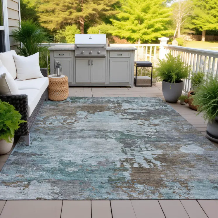 9' X 12' Brown And Blue Abstract Washable Indoor Outdoor Area Rug