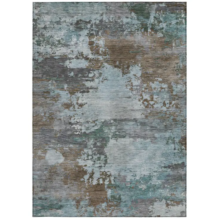 10' X 14' Brown And Blue Abstract Washable Indoor Outdoor Area Rug
