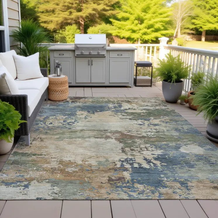 5' X 8' Blue Green And Beige Abstract Washable Indoor Outdoor Area Rug