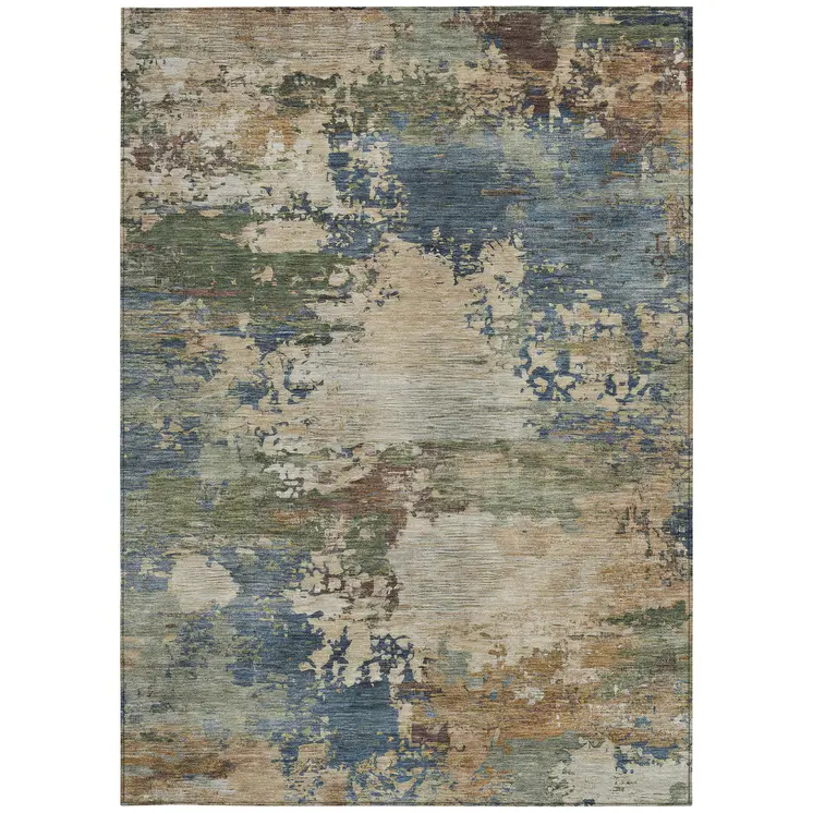 5' X 8' Blue Green And Beige Abstract Washable Indoor Outdoor Area Rug