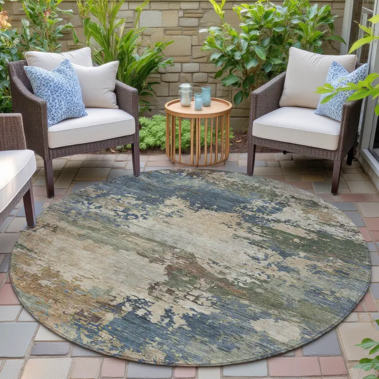 8' Blue Green And Beige Round Abstract Washable Indoor Outdoor Area Rug